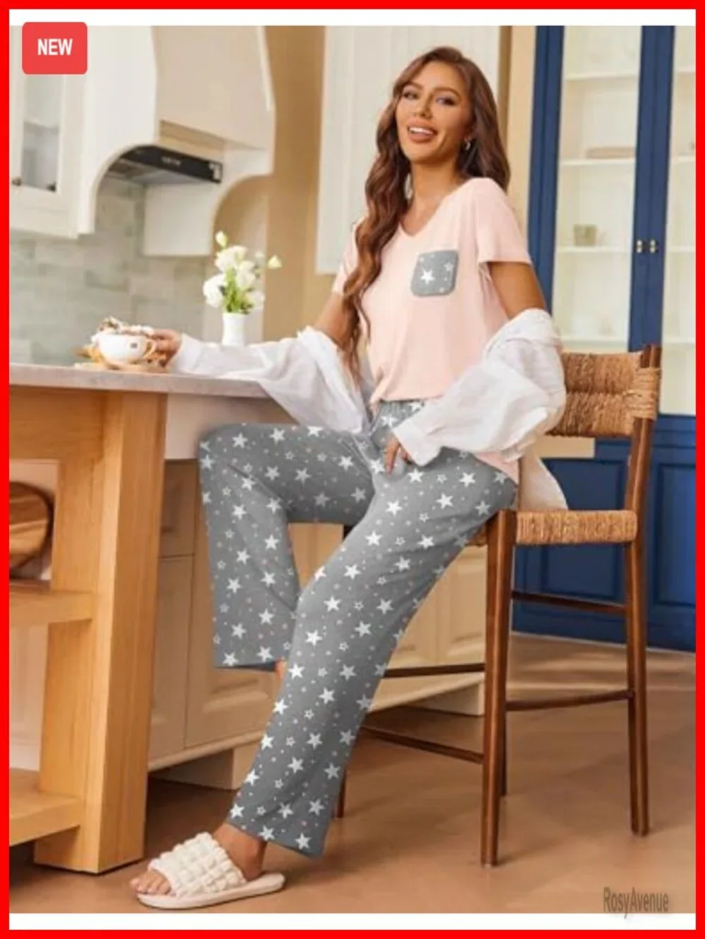 Women's 2 Piece Short Sleeve Pajama Set V Neck Chest Pocket